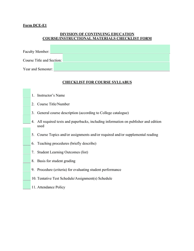 DCE E1 CourseInstructional Materials Checklist Form screenshot