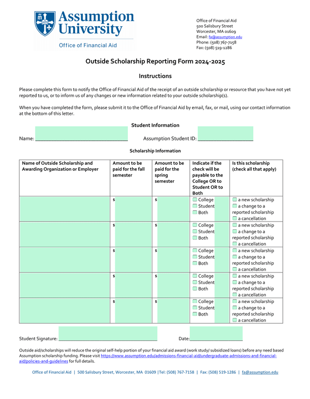 Outside Scholarship Reporting Form 2024 2025 screenshot