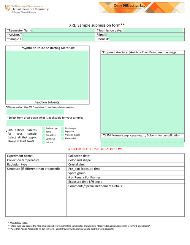 XRD Sample Submission Form screenshot