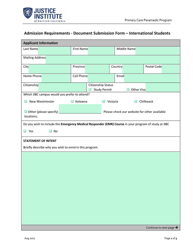 Primary Care Paramedic Program Admission Requirements   Document Submission Form screenshot