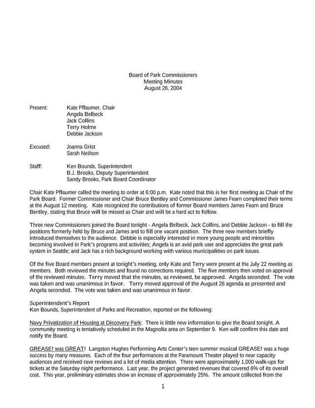 Board Of Park Commissioners Meeting Minutes screenshot
