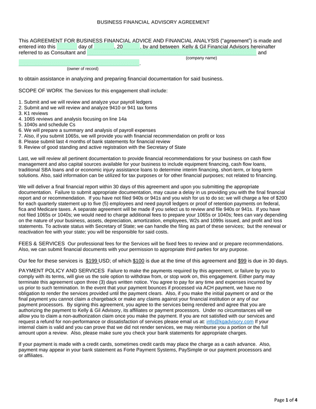 Business Financial Advisory Agreement screenshot