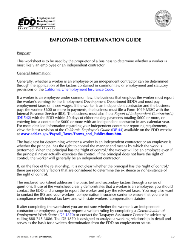 DE 38 Employment Determination Guide screenshot