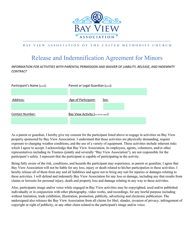 Release And Indemnification Agreement For Minors screenshot
