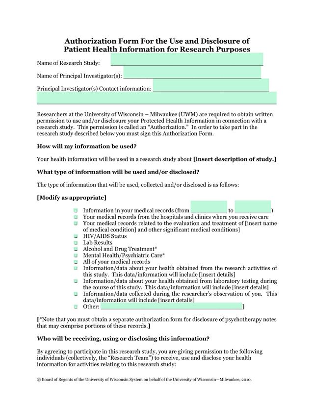 Authorization Form For The Use And Disclosure Of Patient Health Information For Research Purposes screenshot
