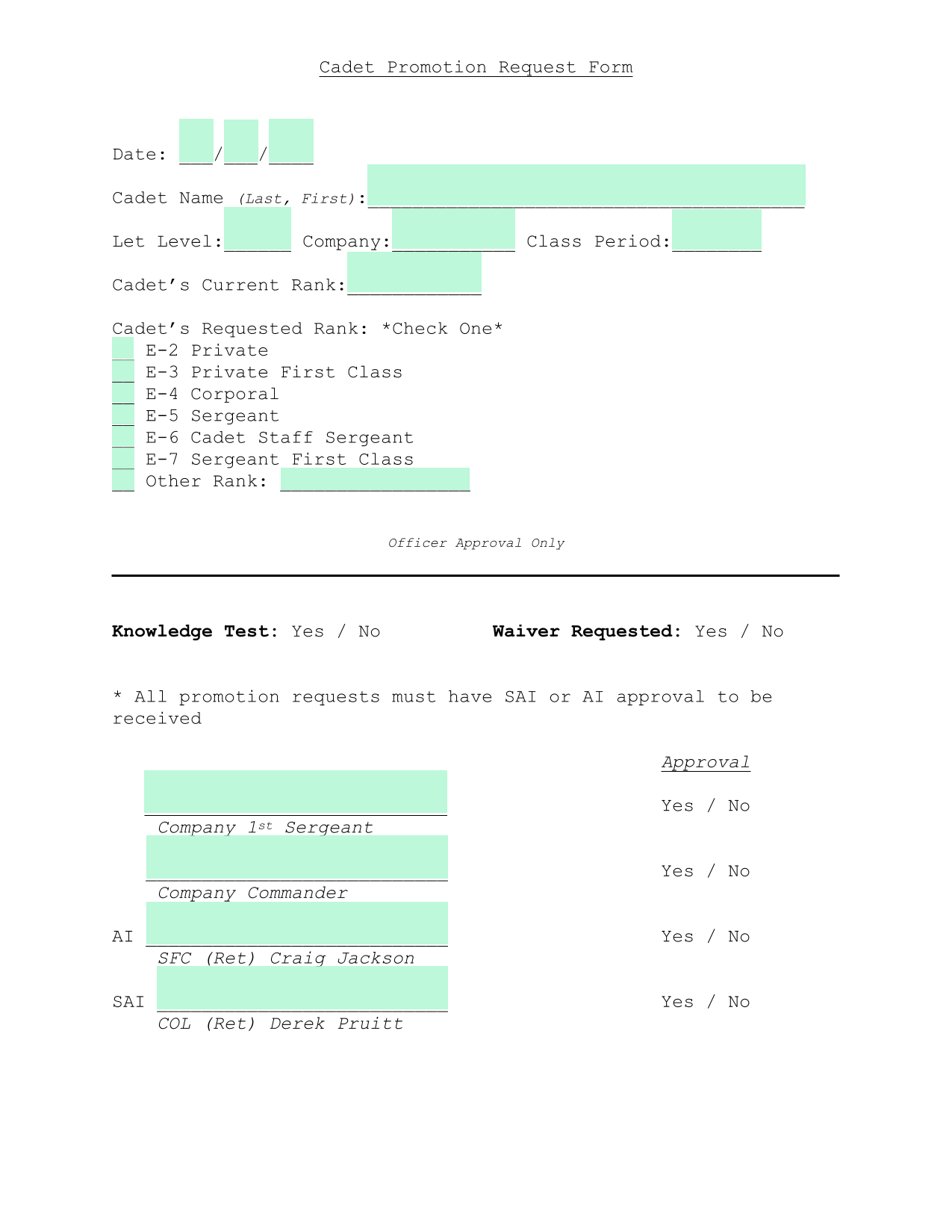 Cadet Promotion Request Form screenshot