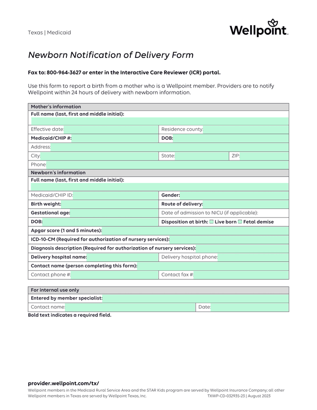 Newborn Notification Of Delivery Form screenshot