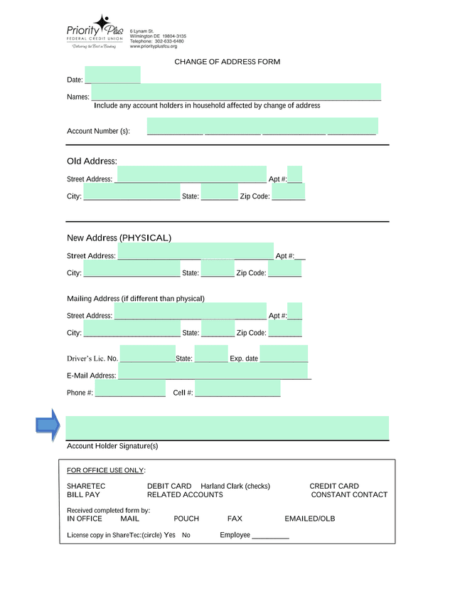 Change Of Address Form screenshot