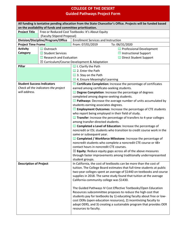 College Of The Desert Guided Pathways Project Form screenshot