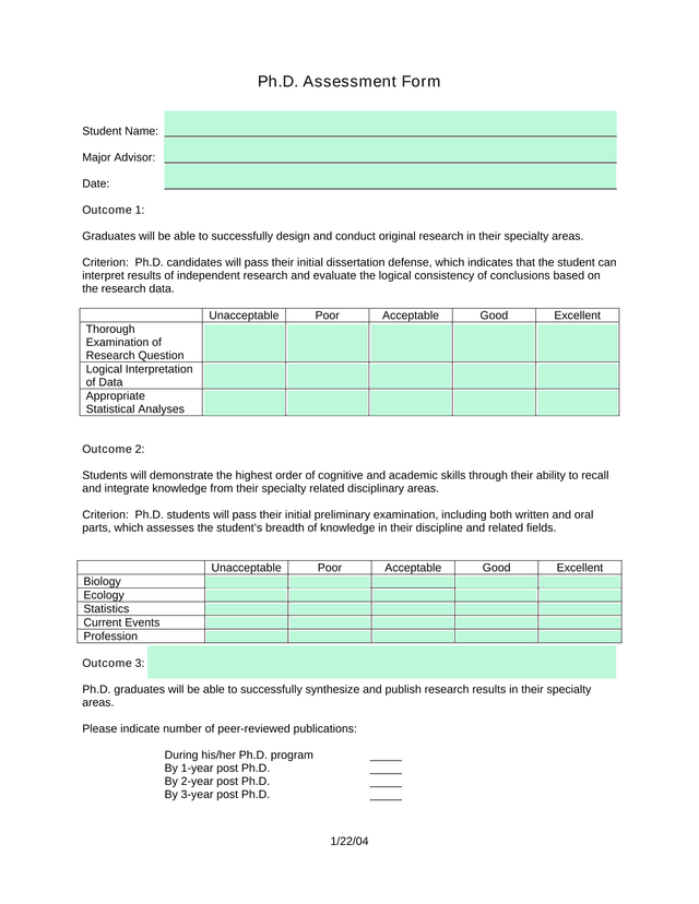 Ph.D. Assessment Form screenshot