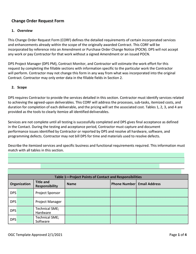 Change Order Request Form (CORF) screenshot