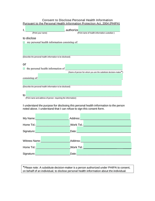 Consent To Disclose Personal Health Information screenshot