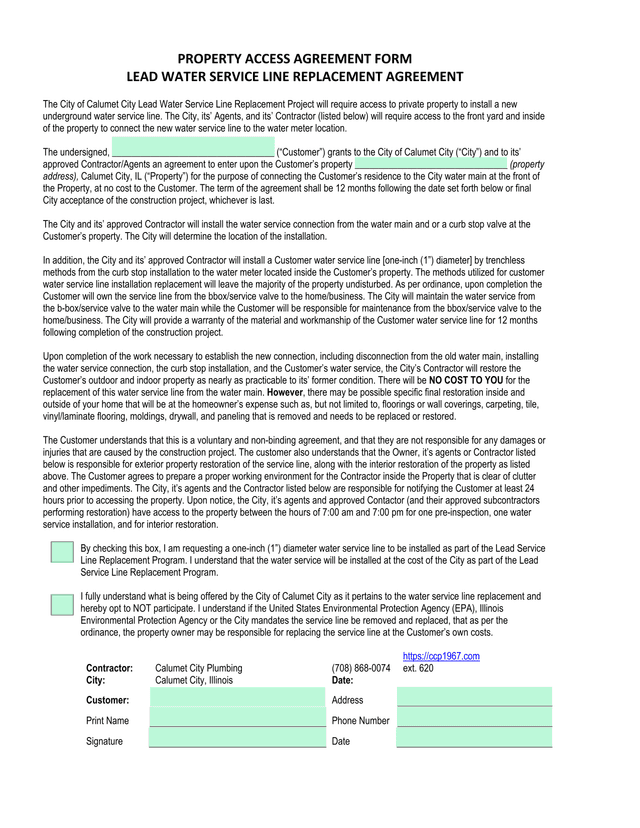 Property Access Agreement Form Lead Water Service Line Replacement Agreement screenshot