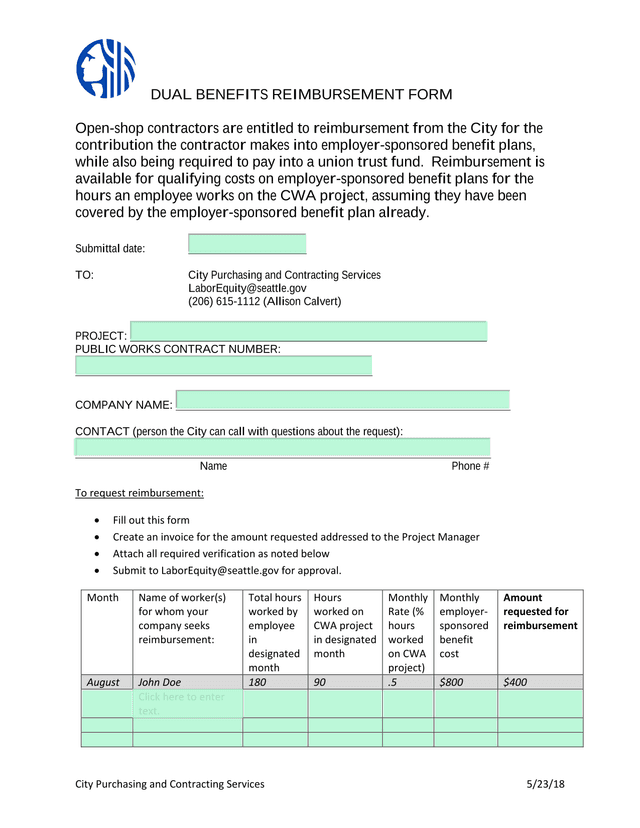 Dual Benefits Reimbursement Form screenshot
