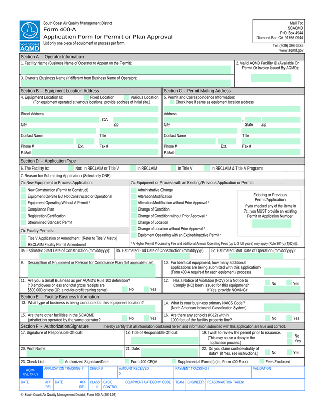 South Coast Air Quality Management District Form 400 A screenshot