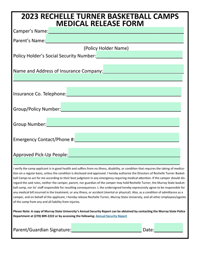 2023 Rechelle Turner Basketball Camps Medical Release Form screenshot