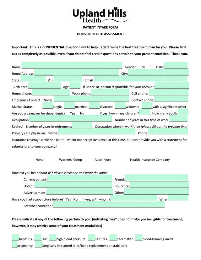 Patient Intake Form Holistic Health Assessment screenshot