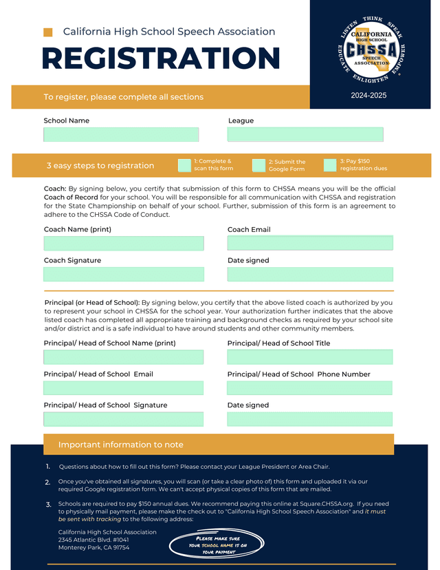 California High School Speech Association Registration screenshot