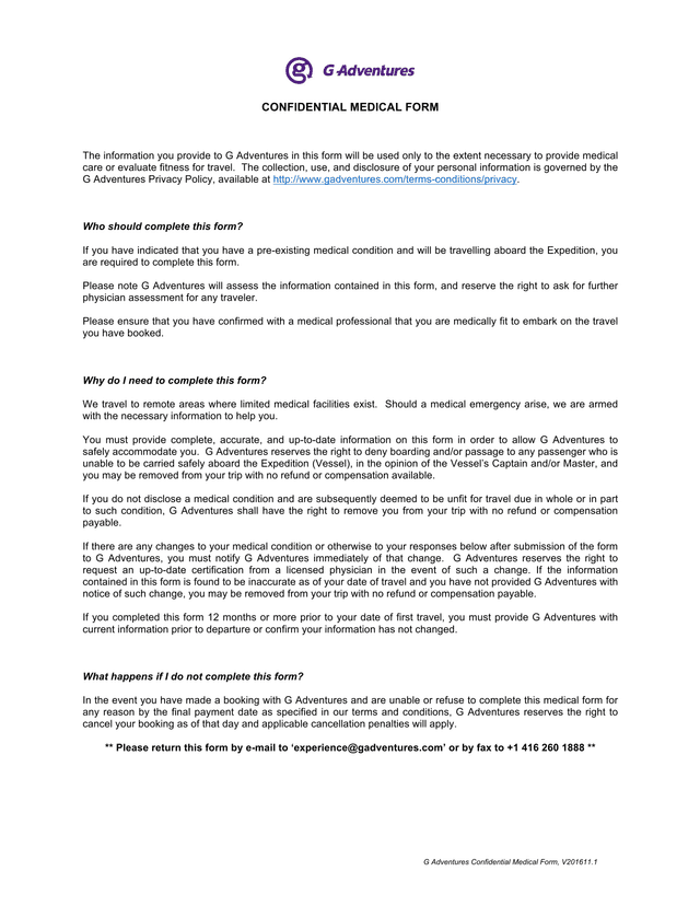 G Adventures Confidential Medical Form screenshot