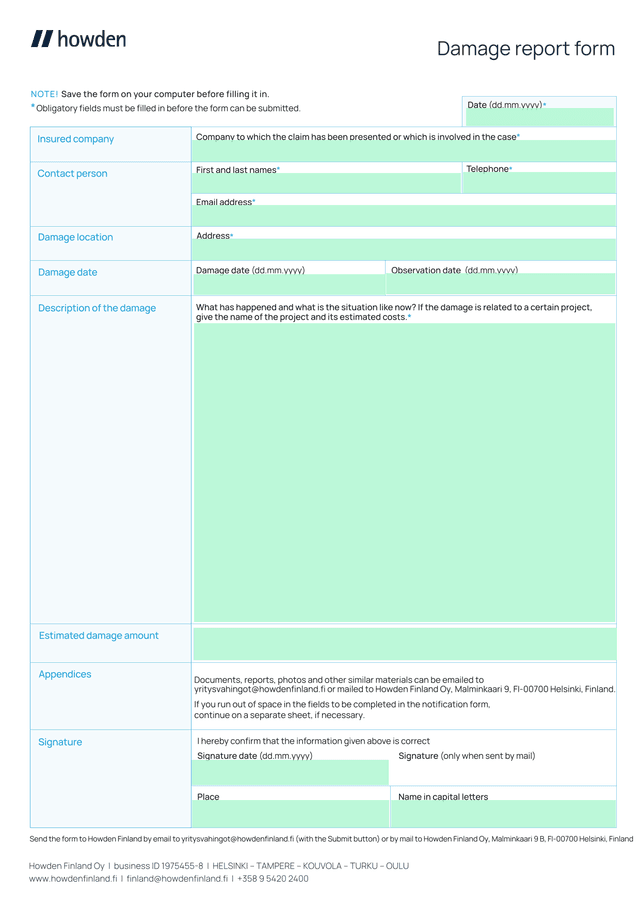 Damage Report Form screenshot