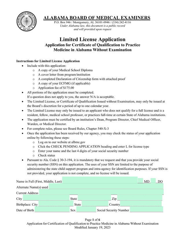 Application For Certification Of Qualification To Practice Medicine In Alabama Without Examination screenshot