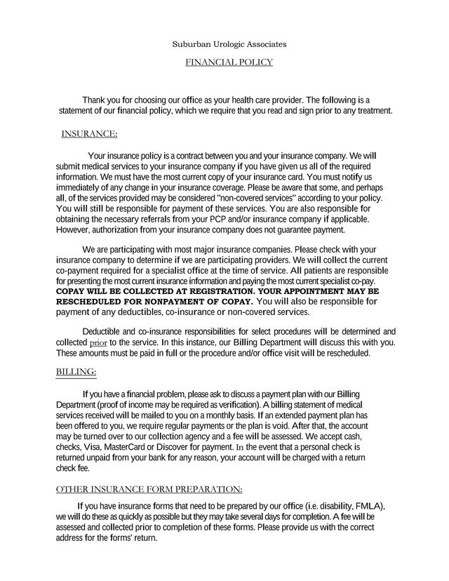 Suburban Urologic Associates Financial Policy screenshot