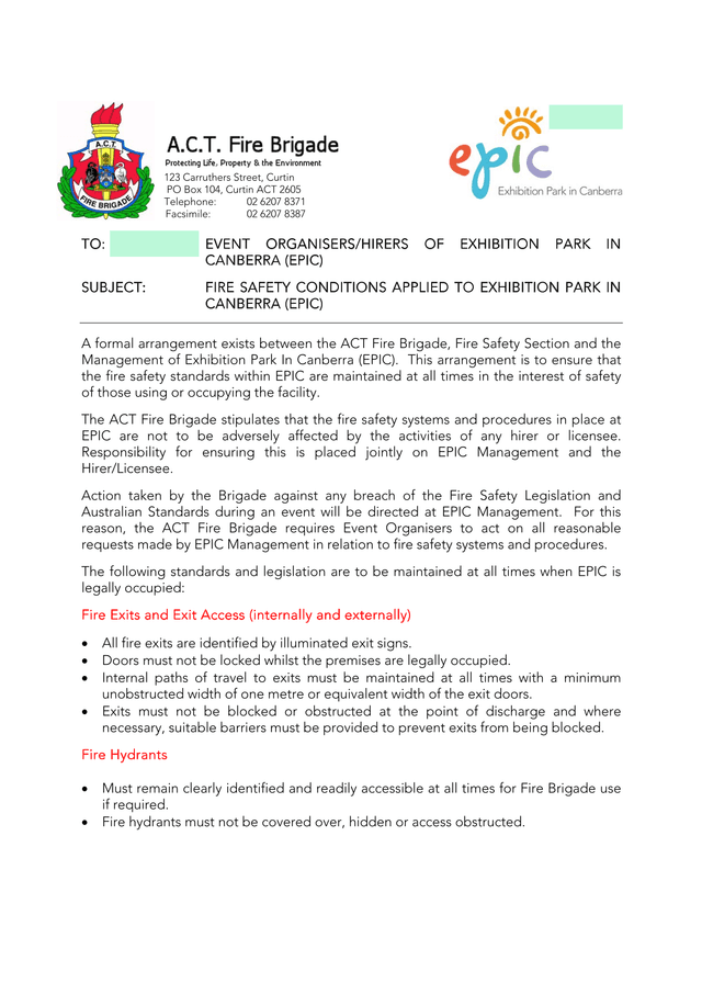 Fire Safety Conditions For Exhibition Park In Canberra (EPIC) screenshot