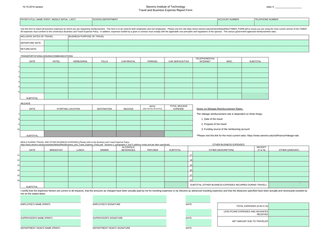 Travel And Business Expense Report Form screenshot