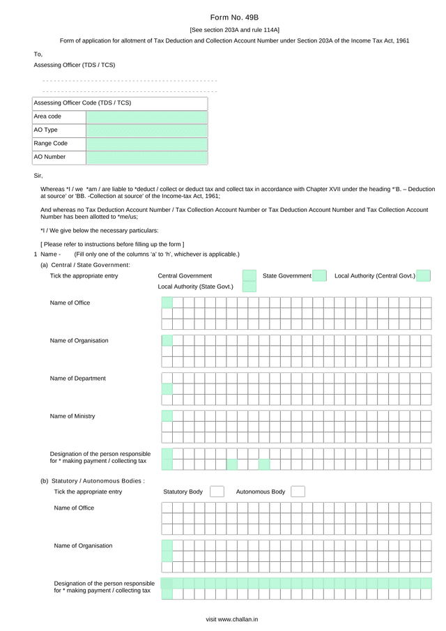 Form No. 49B   Application For Tax Deduction And Collection Account Number screenshot