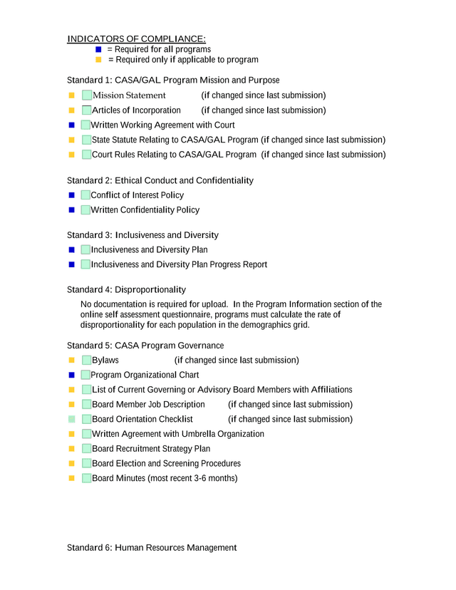 CASAGAL Program Standards Compliance Indicators screenshot