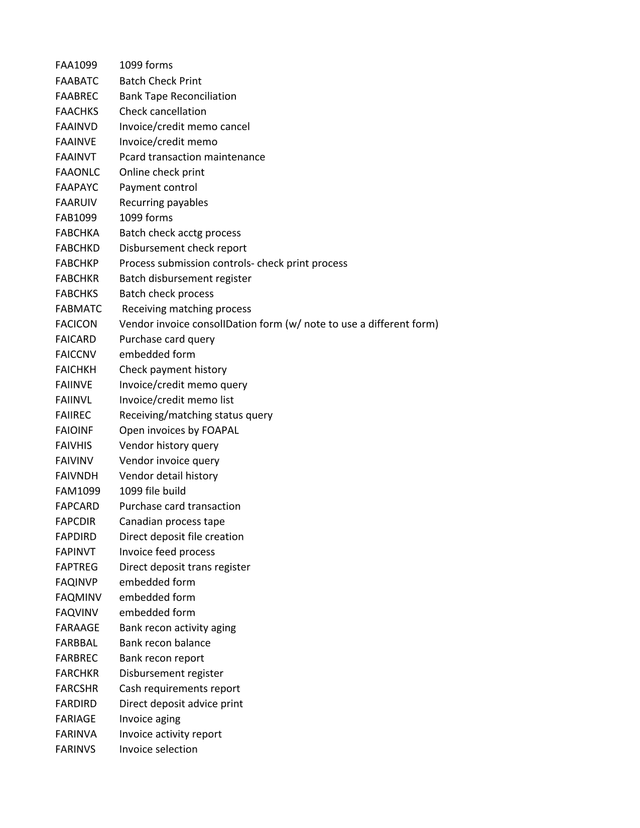 Financial Accounting Transaction Codes screenshot