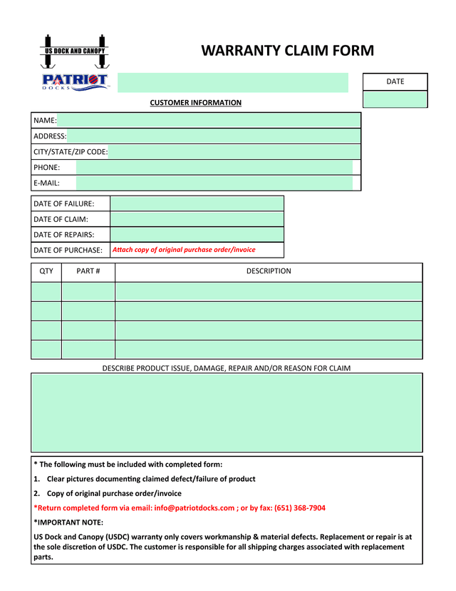 WARRANTY CLAIM FORM screenshot