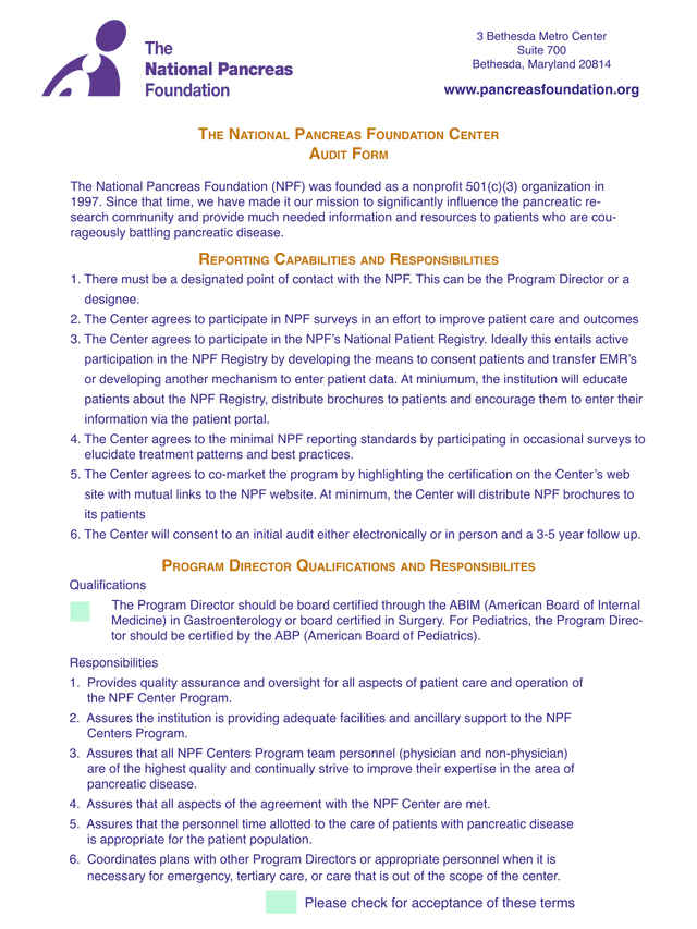 National Pancreas Foundation Center Audit Form screenshot