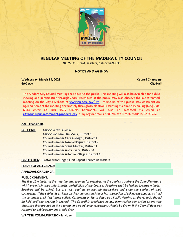 Madera City Council Agenda screenshot