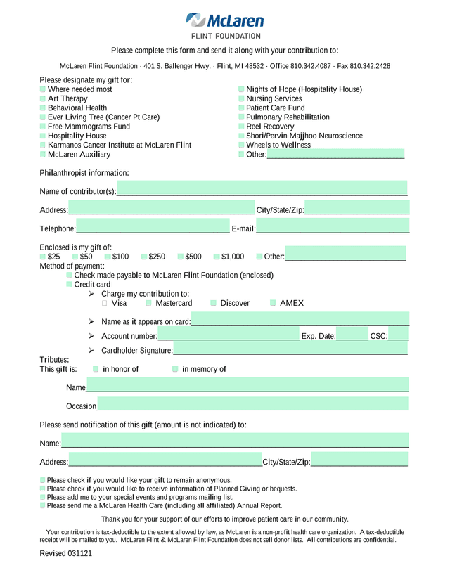 McLaren Flint Foundation Contribution Form screenshot