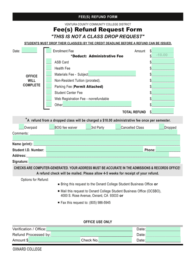 Fee(S) Refund Request Form screenshot