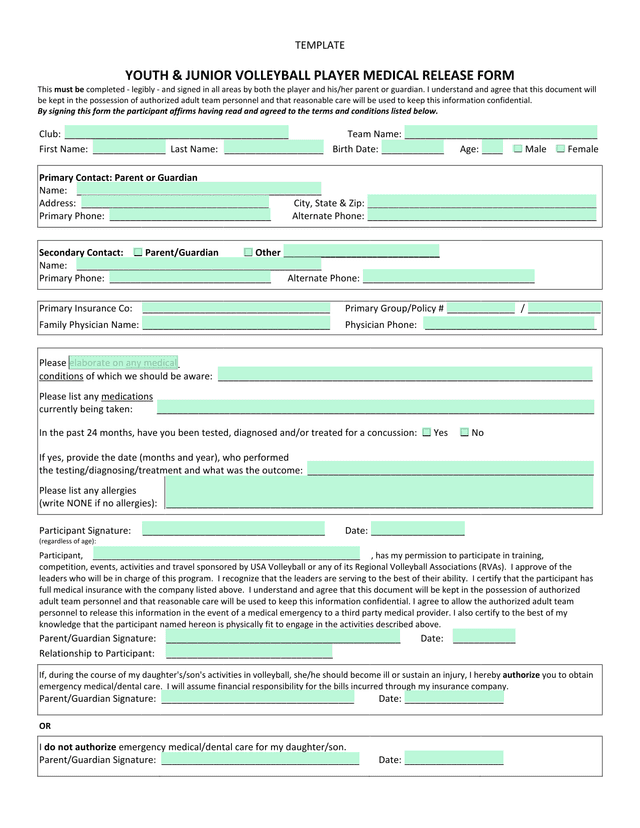 YOUTH  JUNIOR VOLLEYBALL PLAYER MEDICAL RELEASE FORM screenshot