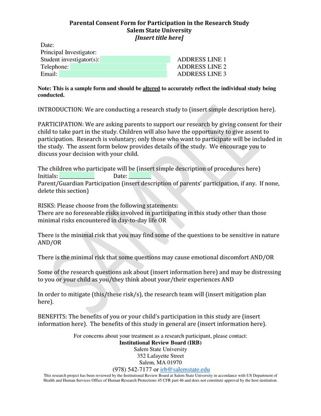 Parental Consent Form For Participation In The Research Study screenshot