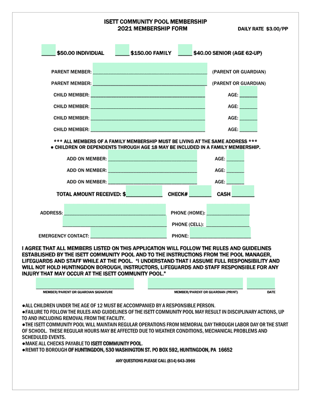 ISETT COMMUNITY POOL MEMBERSHIP 2021 MEMBERSHIP FORM screenshot