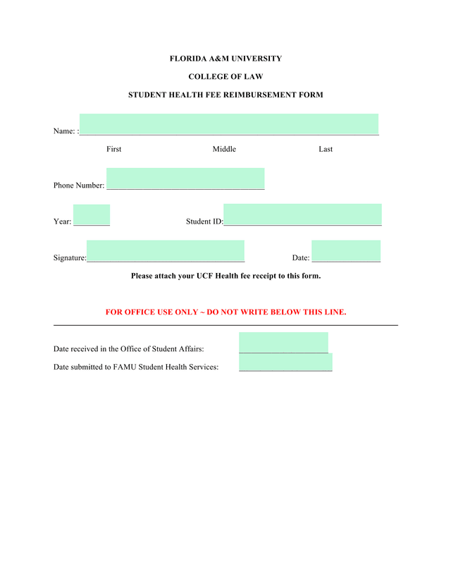 Student Health Fee Reimbursement Form screenshot