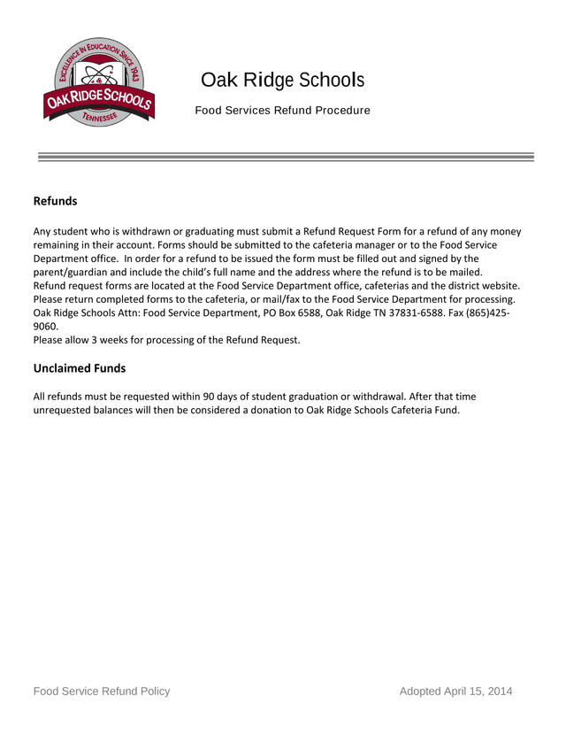 Food Service Refund Policy screenshot