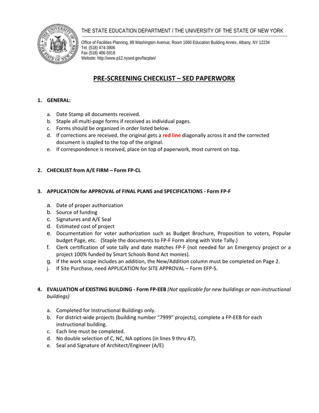 PRE SCREENING CHECKLIST  SED PAPERWORK screenshot