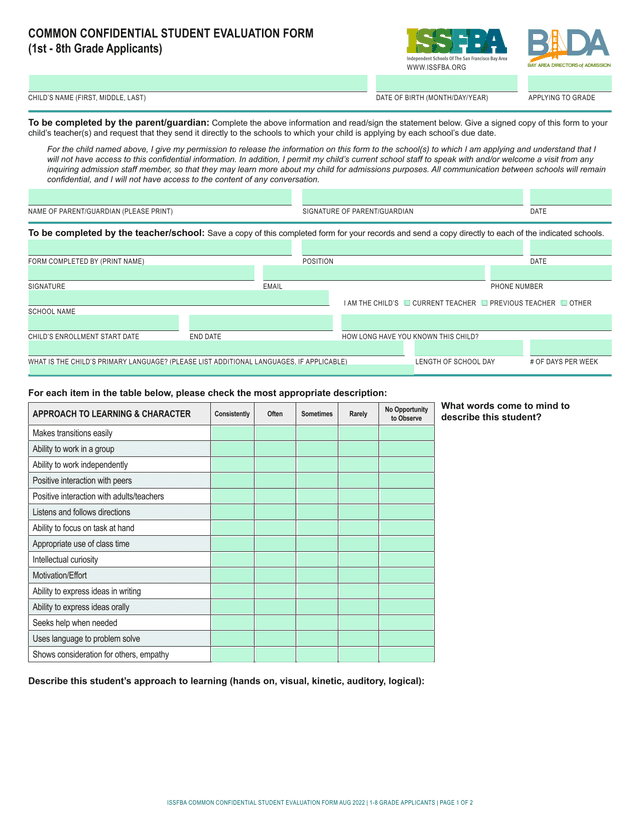 Common Confidential Student Evaluation Form screenshot