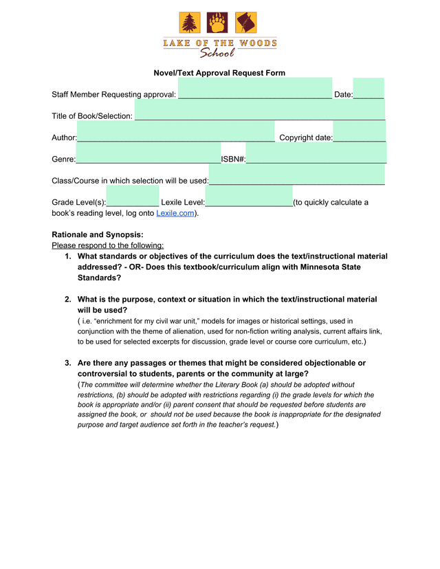 NovelText Approval Request Form screenshot