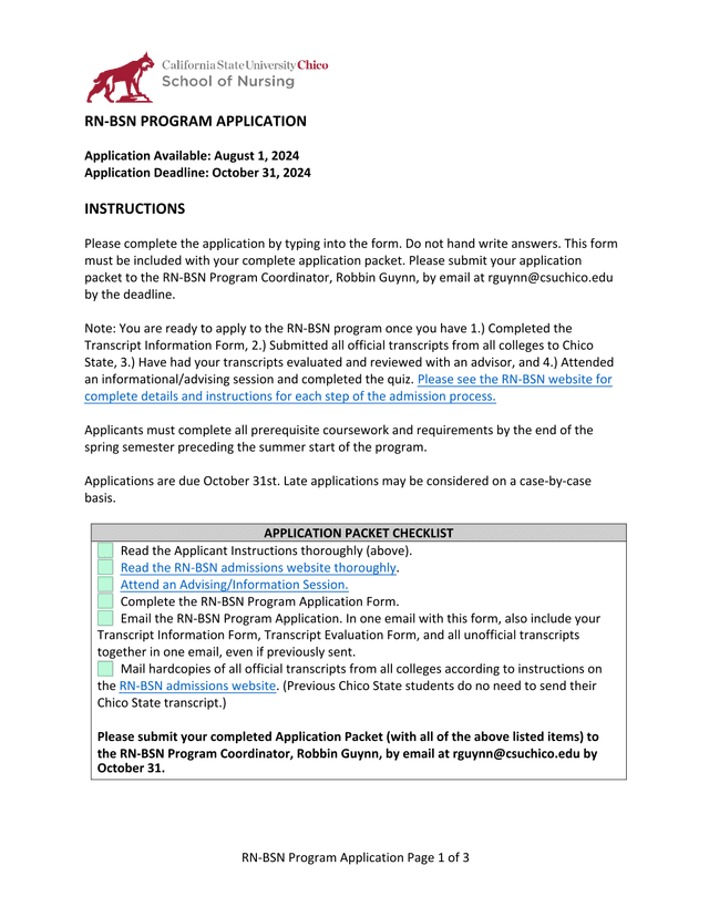 RN BSN Program Application screenshot