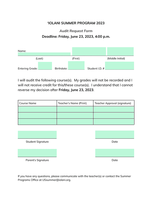 IOLANI SUMMER PROGRAM 2023 Audit Request Form screenshot