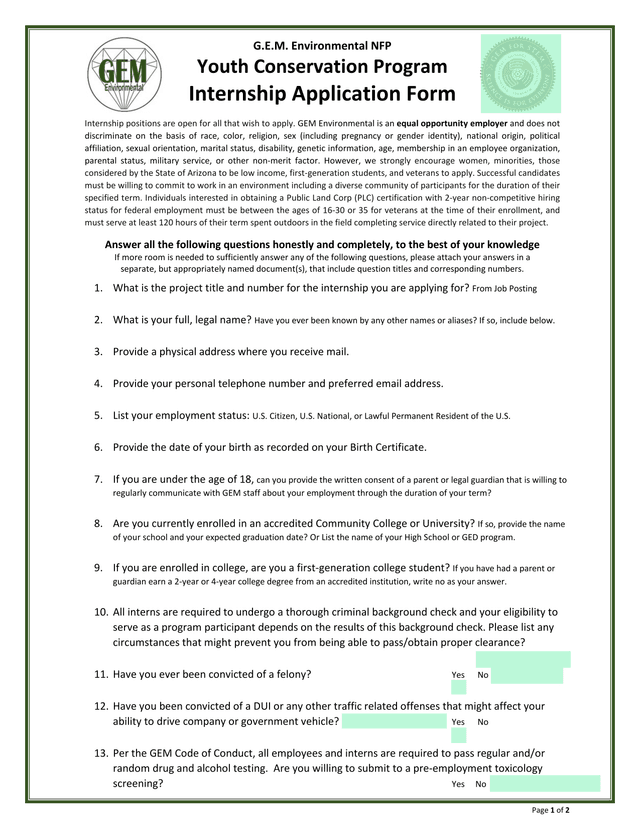 GEM Environmental NFP Youth Conservation Program Internship Application Form screenshot