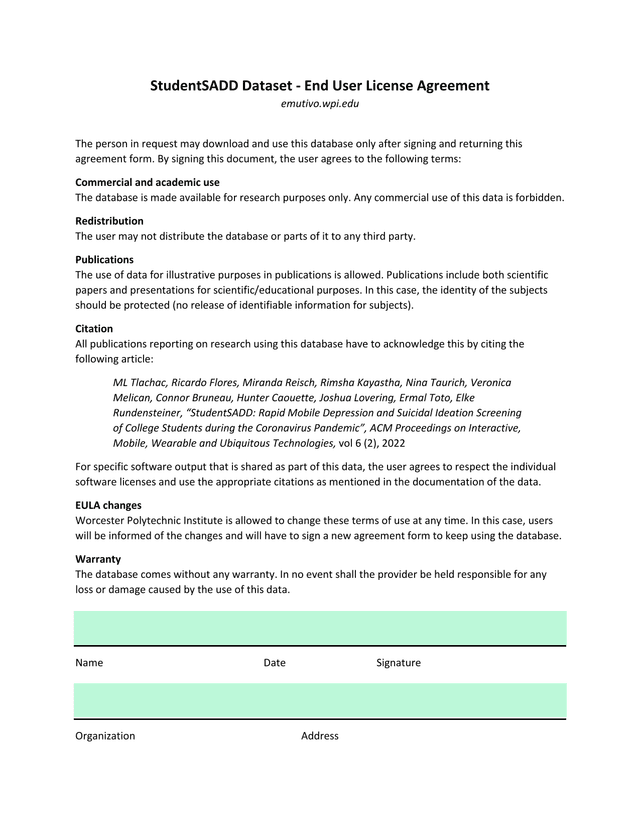 StudentSADD Dataset   End User License Agreement screenshot