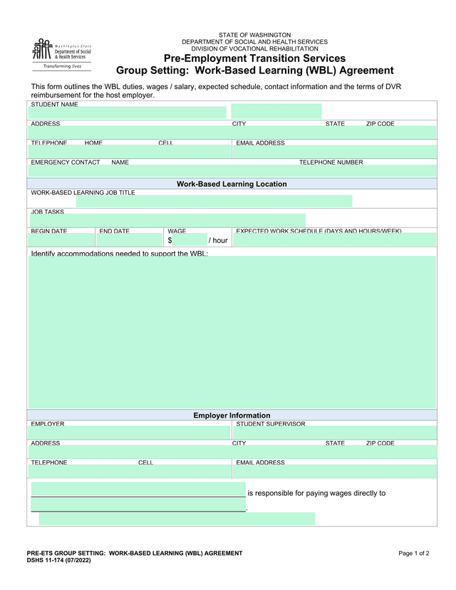 Pre ETS Group Setting Work Based Learning (WBL) Agreement screenshot