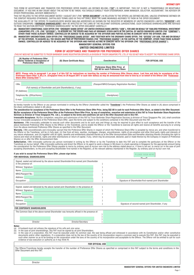 Form Of Acceptance And Transfer For Preference Offer Shares (FAT) screenshot